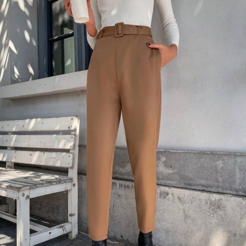 Solid Belted Slant Pocket Tailored Pants